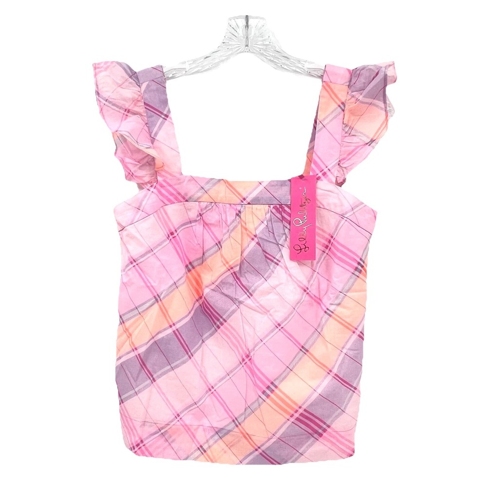 LILLY PULITZER Women's XS NWT Reyna Sleeveless Blouse Top Pink Isle Madras Plaid